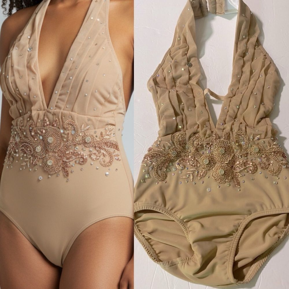 Glamorous solo dance costume Custom rhinestone lyrical dress gold tan LC child